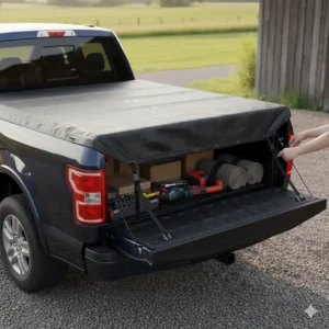 An overhead view of a pickup truck with a tarp, showing how it protects a variety of items like furniture and tools.