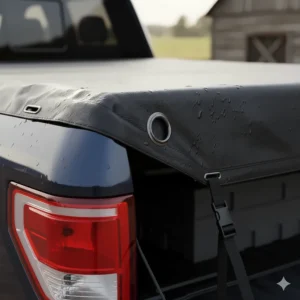 Illustration of the secure tie-down straps used to fasten a pickup bed tarp, keeping it firmly in place during transport.