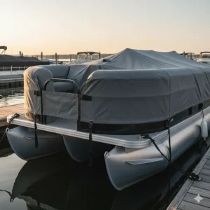 A heavy-duty boat tarp specifically designed to cover a large pontoon boat, showing reinforced seams and straps.