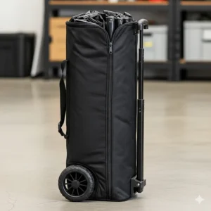 An image of a compact carrying bag with wheels, holding a disassembled 4x4 pop up canopy for easy transport and storage.