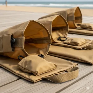 A photo of empty, foldable beach tent sand bags, emphasizing their lightweight and portable design for easy transport and storage.