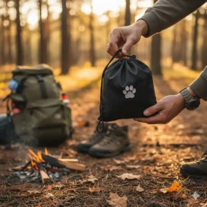 A person holding the lightweight, compact carrying bag for a portable dog camping tent, emphasizing its ease of transport and storage.