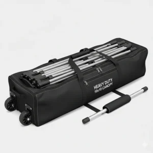 Image of a heavy duty pop up canopy folded and stored in its wheeled carrying bag, emphasizing its portability and compact design.