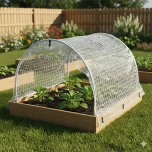 A small, portable **greenhouse tarp** cover designed to fit over a raised garden bed for season extension.