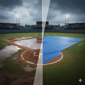 A split-screen illustration comparing a waterlogged, muddy baseball field without a tarp and a pristine, dry field protected by a field tarp.