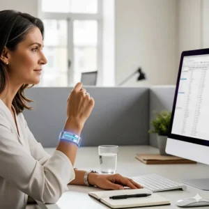 A diagram of a person sitting at a desk, looking calm and focused, with a cooling bracelet on their wrist to manage hot flashes throughout the workday.