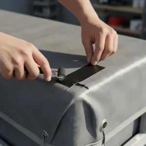 A small patch being applied to a tear in a trailer tarp, showing how to perform simple repairs to extend its lifespan.
