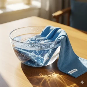 An illustration of a reusable cooling scarf being soaked in a bowl of water, demonstrating the simple activation process for long-lasting cooling effects on the neck and shoulders.