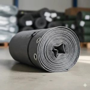A neatly rolled-up fire resistant tarp, showing its compact size for easy storage and transport.