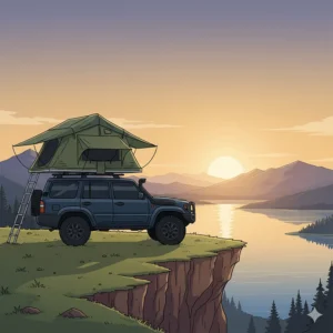A side view of a rooftop tent fully deployed on an SUV, overlooking a scenic lake at sunset.