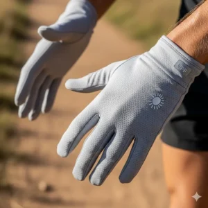 A long-distance runner's hands, with the lightweight and breathable fabric of their UPF gloves visible, showcasing their comfort and sun-blocking properties.