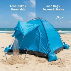 A side-by-side comparison illustrating why beach tent sand bags are a superior and more reliable alternative to tent stakes in the sand.