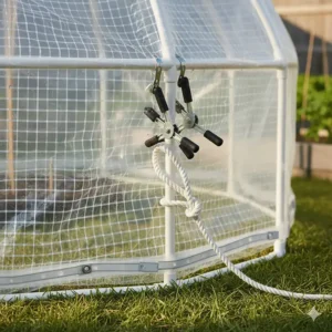 Metal clamps and rope used to securely fasten the edges of the **greenhouse tarp** to prevent wind damage.
