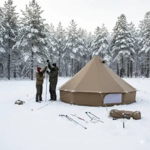 A step-by-step image guide of two people assembling a camping hot tent in a forest clearing.