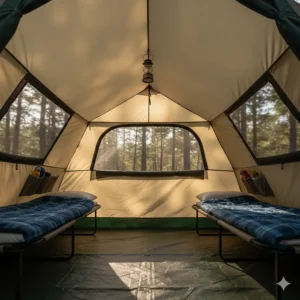 The spacious interior of a cabin tent is shown with a high ceiling and vertical walls, providing ample room for cots and standing.