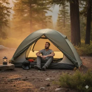 The inside of a tent shows enough room for a person to sit up and comfortably move around, emphasizing the importance of interior space in a motorcycle camping tent.