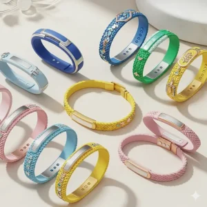 An array of cooling bracelets in various colors and designs, highlighting how the device can be a stylish accessory while still providing relief from hot flashes.