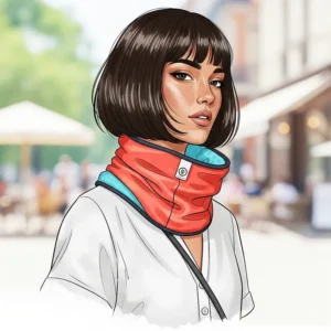 A fashionable illustration of a person wearing a stylish, brightly colored cooling neck wrap, showing how these functional accessories can also complement your personal style.