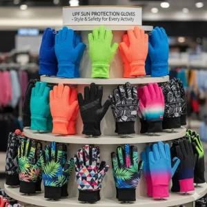 A display of various colorful and stylish UPF sun protection gloves, showing the range of options available for different preferences and activities.