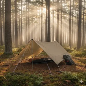 An A-frame tarp shelter is pitched with trekking poles, offering a minimalist alternative to a tent for backpackers.