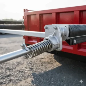 Image or diagram focusing on the aluminum or steel spring arm assembly used to deploy and retract the dump trailer tarp.