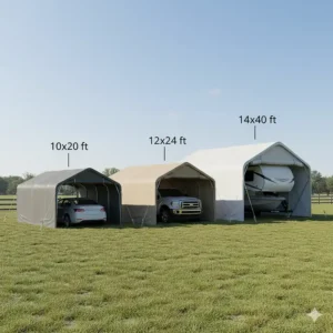 Visual comparison of different standard tarp carport sizes, such as 10x20 ft and 12x24 ft, for various needs.