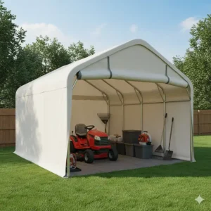 Using a large, enclosed tarp carport as temporary outdoor storage for lawn equipment and tools.