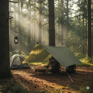 A green tarp is set up as a lean-to shelter, creating a covered cooking area next to a camping tent.