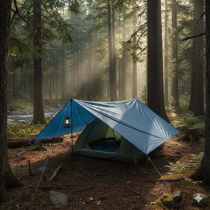 A large, blue waterproof tarp is pitched securely over a small dome tent in a forested campsite, providing extra protection from rain and sun. tarp for tent