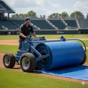 A machine designed for efficiently rolling and unrolling large baseball field tarps, operated by a groundskeeper.