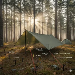 A detailed illustration showing how to pitch a tent tarp using guy lines, stakes, and tensioners for a stable setup.