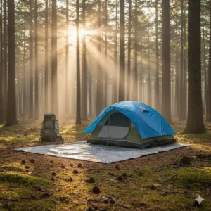 A gray tarp is laid out on the ground underneath a tent, serving as a protective footprint to keep the tent floor clean and dry.