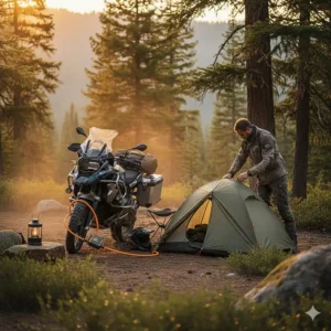 A motorcycle is parked next to a secured tent with a visible lock, highlighting the importance of security features when choosing a good tent for motorcycle camping.