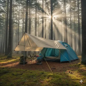 A large tarp is pitched in front of a family tent, creating a sheltered porch area for storing gear and removing muddy boots.