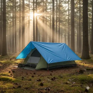 A rectangular tarp is draped directly over the roof of a pop-up tent, acting as a secondary rain fly to prevent leaks.