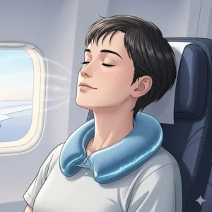 An illustration of a person on an airplane or in a car, comfortably using a compact cool pack for their neck to prevent stiffness and manage heat during travel.