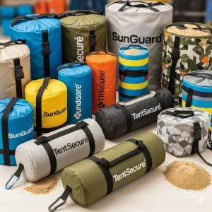 An array of different beach tent sand bags, showcasing various colors, sizes, and designs to suit different tents.