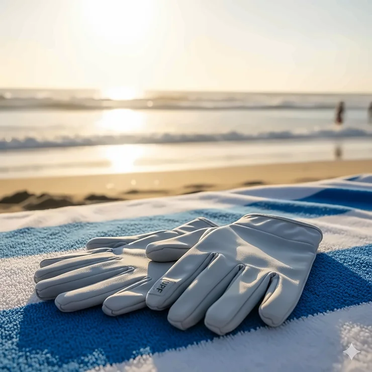 A pair of lightweight UPF sun protection gloves resting on a beach towel, with the sun shining in the background. The gloves are designed to offer maximum protection from harmful UV rays for outdoor activities like driving or fishing.