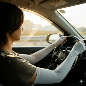 A person driving a car, with sunlight streaming through the window, protected by UV arm sleeves for sun safety.
