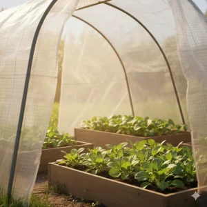 **UV-protected greenhouse tarp** material filtering harsh sunlight to create an optimal growing environment for vegetables.