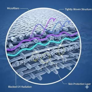 A magnified diagram showing the microfibers of a solar protection sleeve's fabric, illustrating how the material blocks and filters harmful UV radiation.