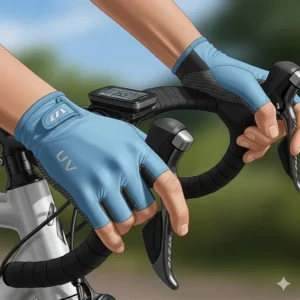 An illustration of a cyclist's hands gripping handlebars, with the cyclist wearing thin, lightweight UV protection gloves. The image emphasizes their use for sports and their ability to provide grip while protecting skin.
