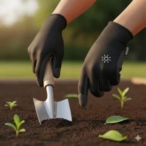 An illustration of a person wearing black UV protection gloves while gardening. The hands are holding a small shovel, emphasizing the gloves' durability and use for outdoor work.