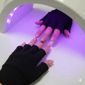 A detailed illustration showing hands wearing fingerless UV protection gloves under a UV lamp for a gel manicure. The design shows the fingers exposed for polish application while the rest of the hand is covered for skin protection.