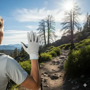 An illustration of a person wearing UV protection gloves while hiking on a sunny trail. The gloves are shown with breathable material, suggesting comfort for long-term outdoor activities.