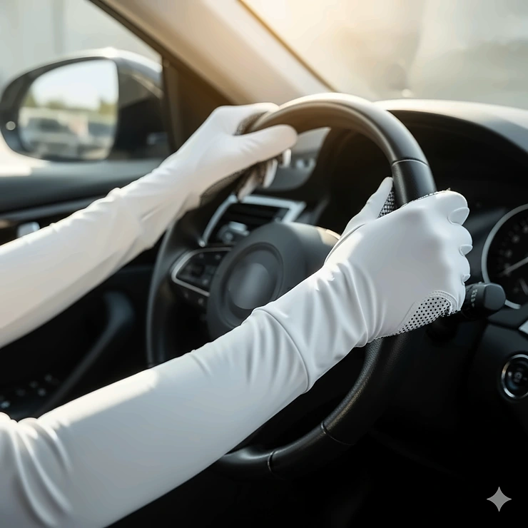 A close-up shot of a person wearing white UV protection gloves while driving a car, with sunlight streaming through the window. The gloves are sleek and form-fitting, highlighting their use for daily sun safety.