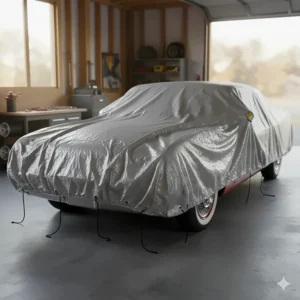 A waterproof and fire resistant tarp covering a vehicle to shield it from external hazards.