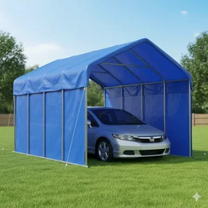 A standard sedan parked safely underneath a portable blue tarp carport protecting it from sun and rain.