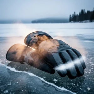 A conceptual image showing steam rising from a pair of ice fishing gloves on a cold day, illustrating their ability to keep hands warm and dry.