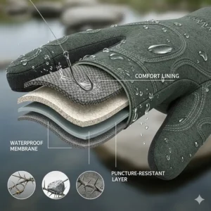An illustration showcasing the durable, puncture-resistant material used to construct the waterproof fishing gloves, emphasizing their longevity.